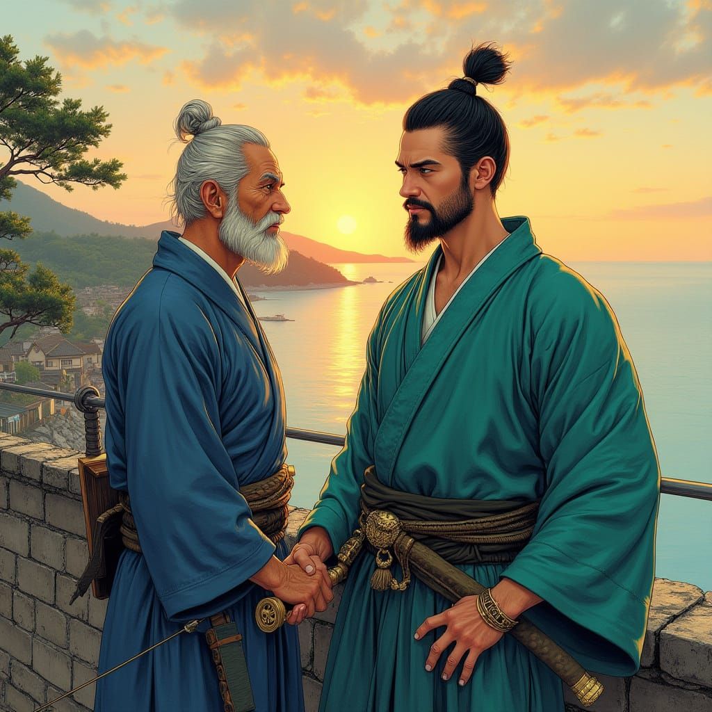 Elegant Samurai Duo Adorns Weathered Japanese Fortress