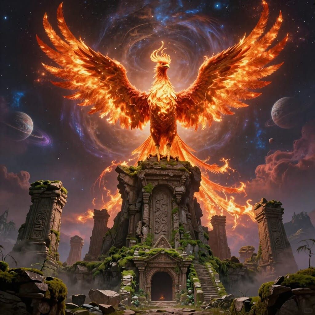 Majestic Phoenix on Ancient Ruins Under Cosmic Sky