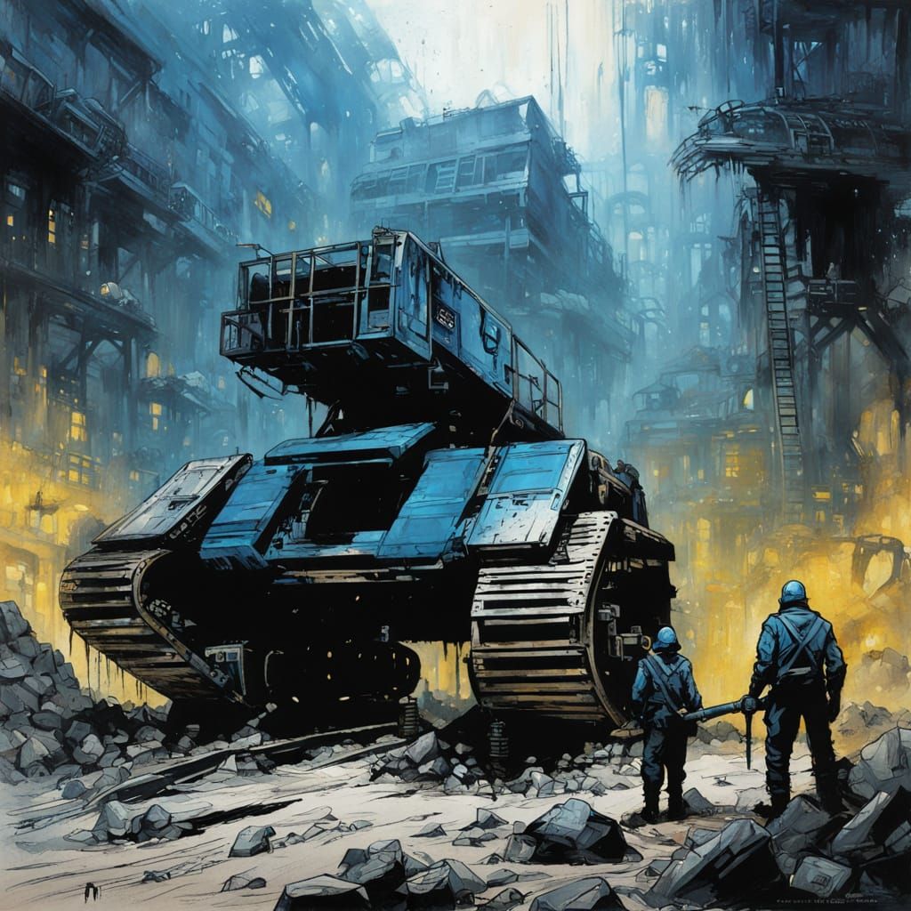 Dystopian Alien Mining Colony in Blue Grunge Style