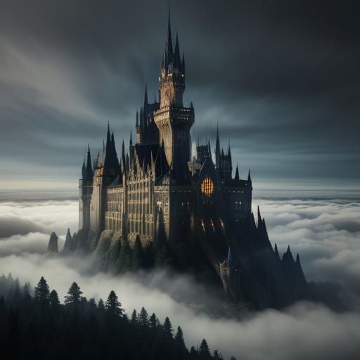 Majestic Floating Castle Over Dark Forest