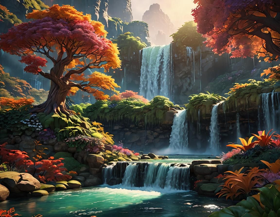 Colorful Tree Against Waterfalls: 3D Digital Art