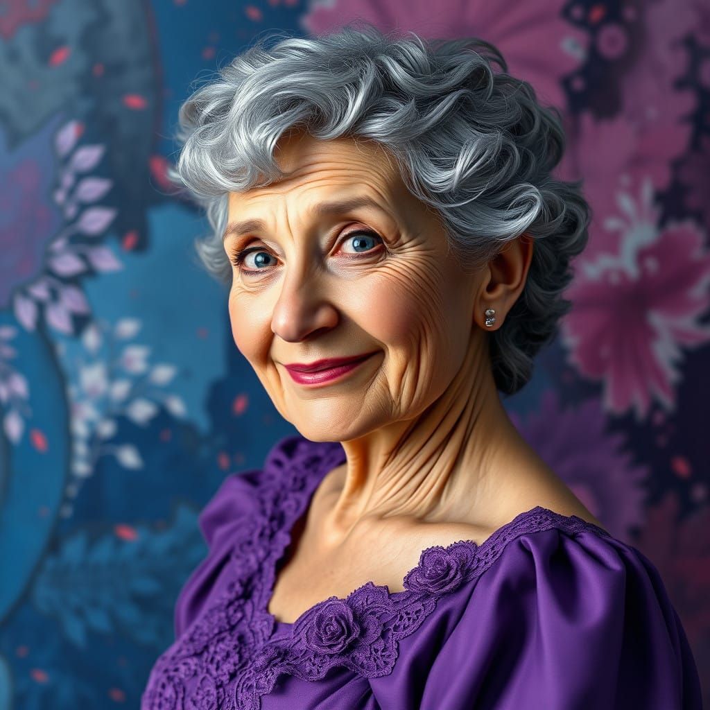 A close-up digital artwork of an elderly woman with Down syndrome. She has short, curly gray hair that cascades down her...