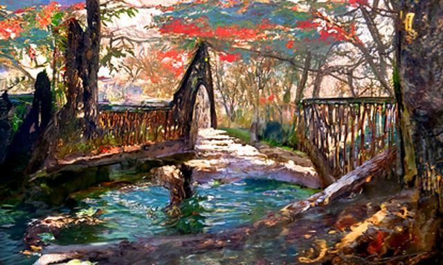 Idyllic Bridge over Stream as Impressionist Oil Painting