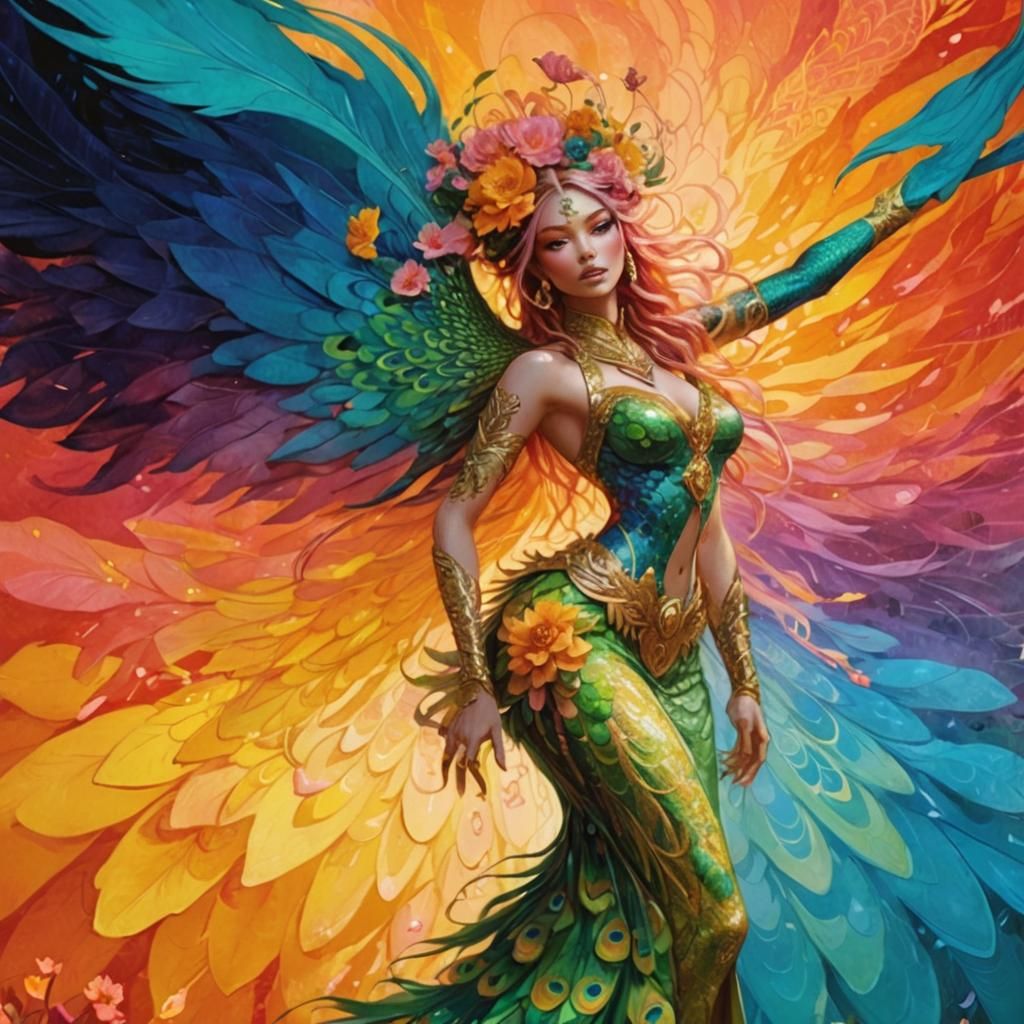 Dragon Peacock Woman in Fauvist Fantasy Art