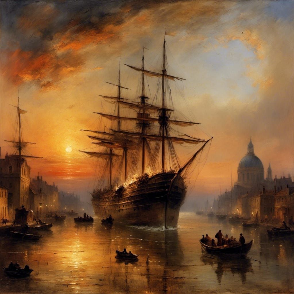 Sunset Ship Docking in Dark Impasto Oil Painting