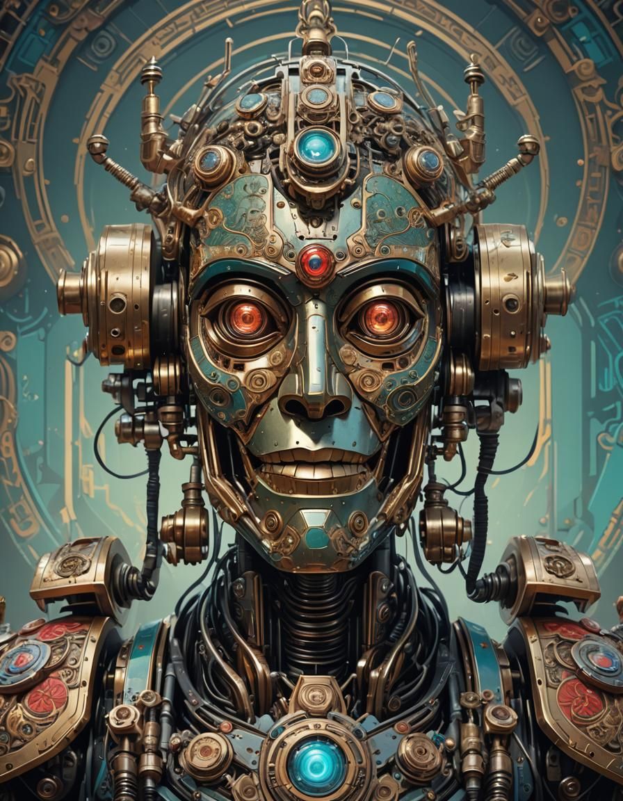 Retro Robot Portrait in Wayang Style