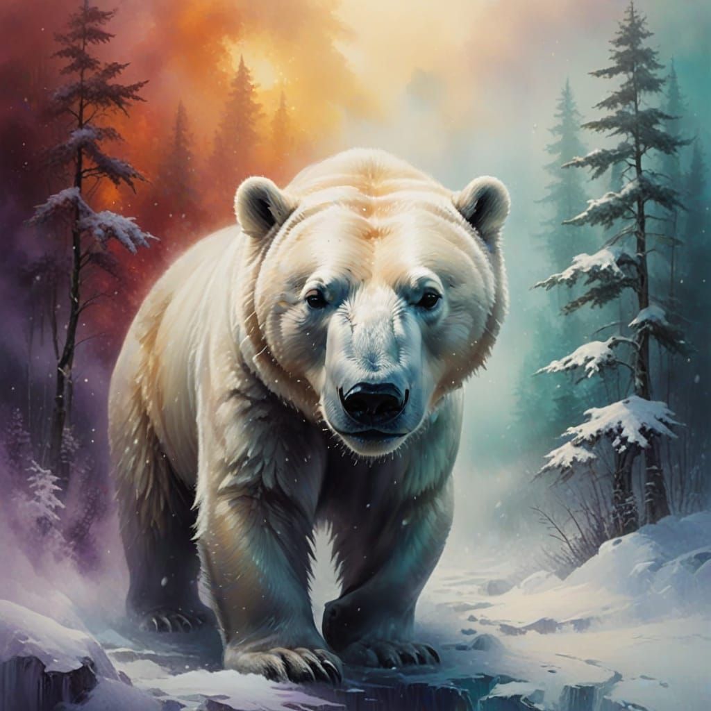 Majestic Polar Bear in a Whimsical Blizzard Scene