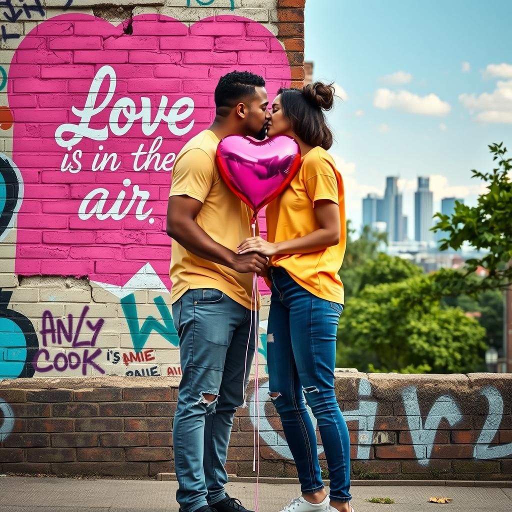 Couple's Tender Kiss with Heart Balloon in Urban Setting