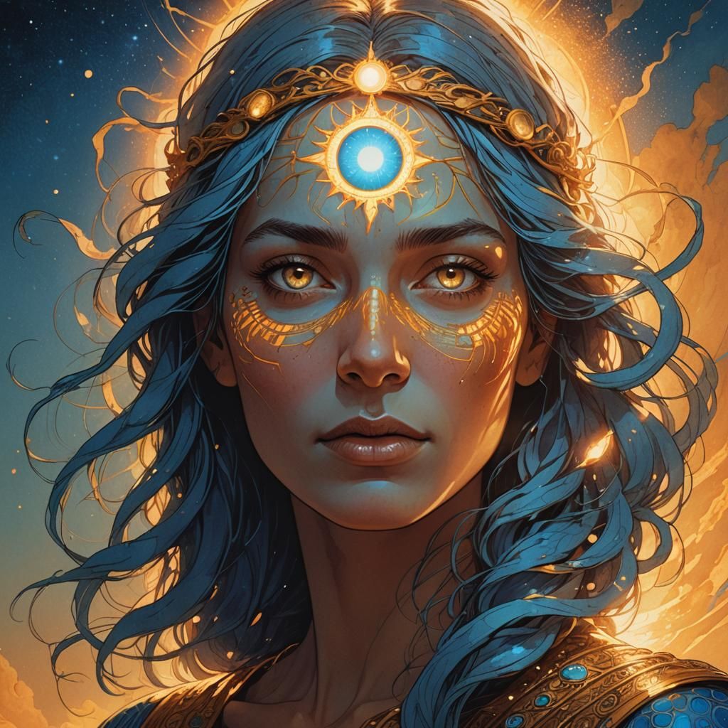 Moebius-Inspired Blue Woman with Sun Eye