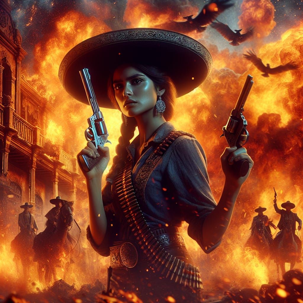 Hispanic Woman with Revolvers in Dramatic Flames