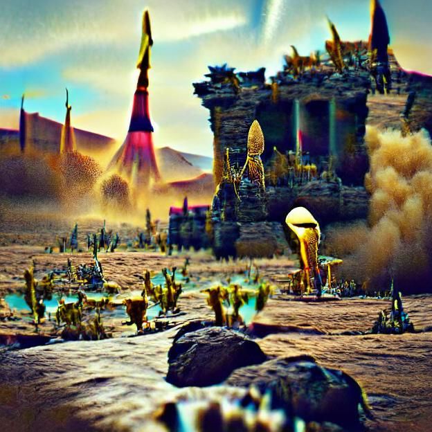 Martian Landscape with Golden Alien Temple Ruins