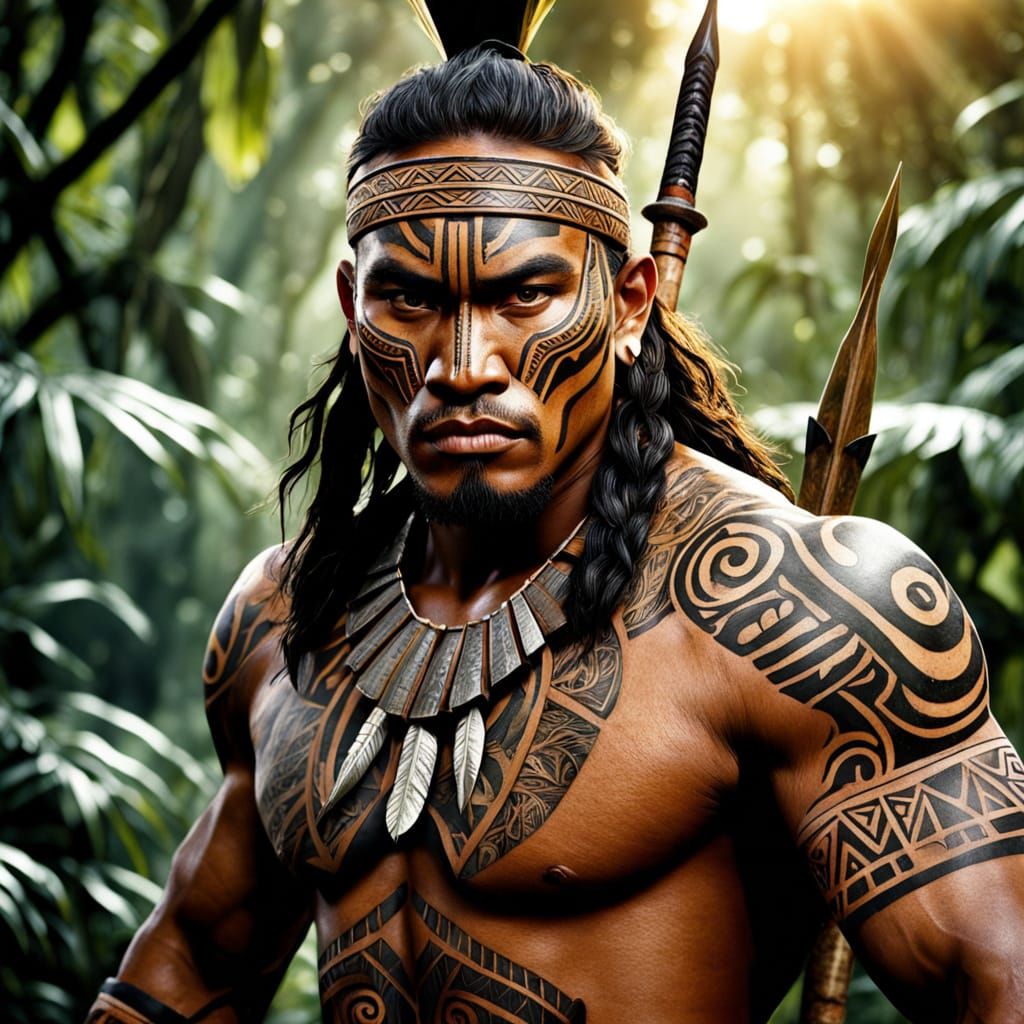 Pacific Islander Warrior Throws Spear in Lush Jungle
