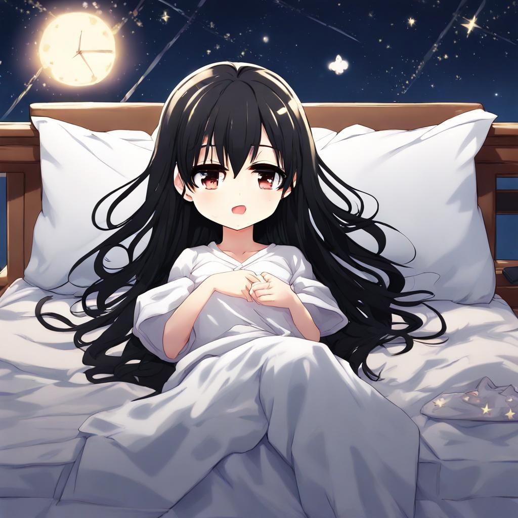 Lovesick Chibi Girl on Starry Bed, Anime Art
