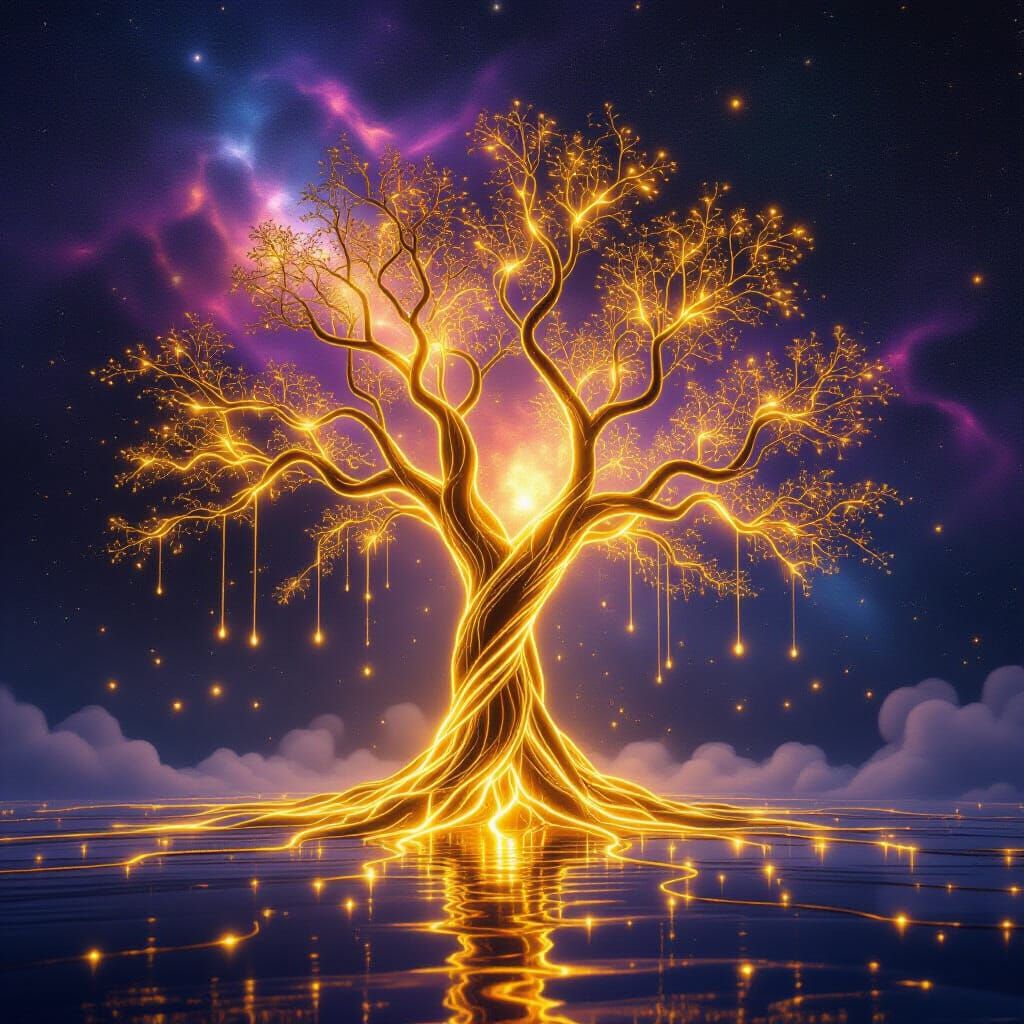 Cosmic Tree of Golden Liquid in Nebula Sky