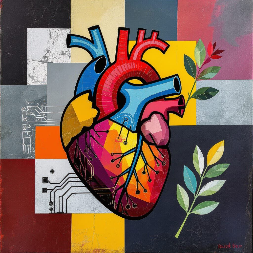 Abstract Collage: Heart, Circuitry, and Botanicals