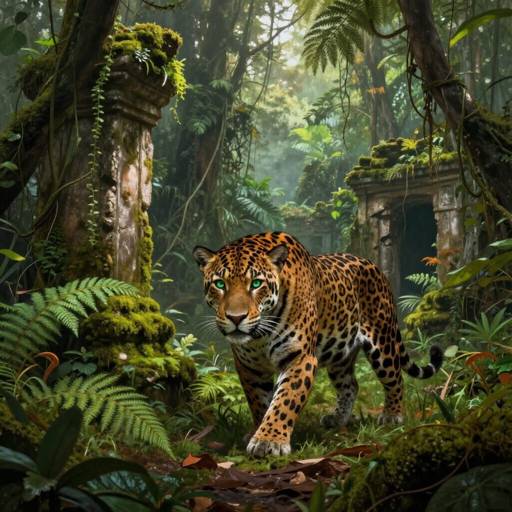 Jaguar Explores Ancient Rainforest Ruins