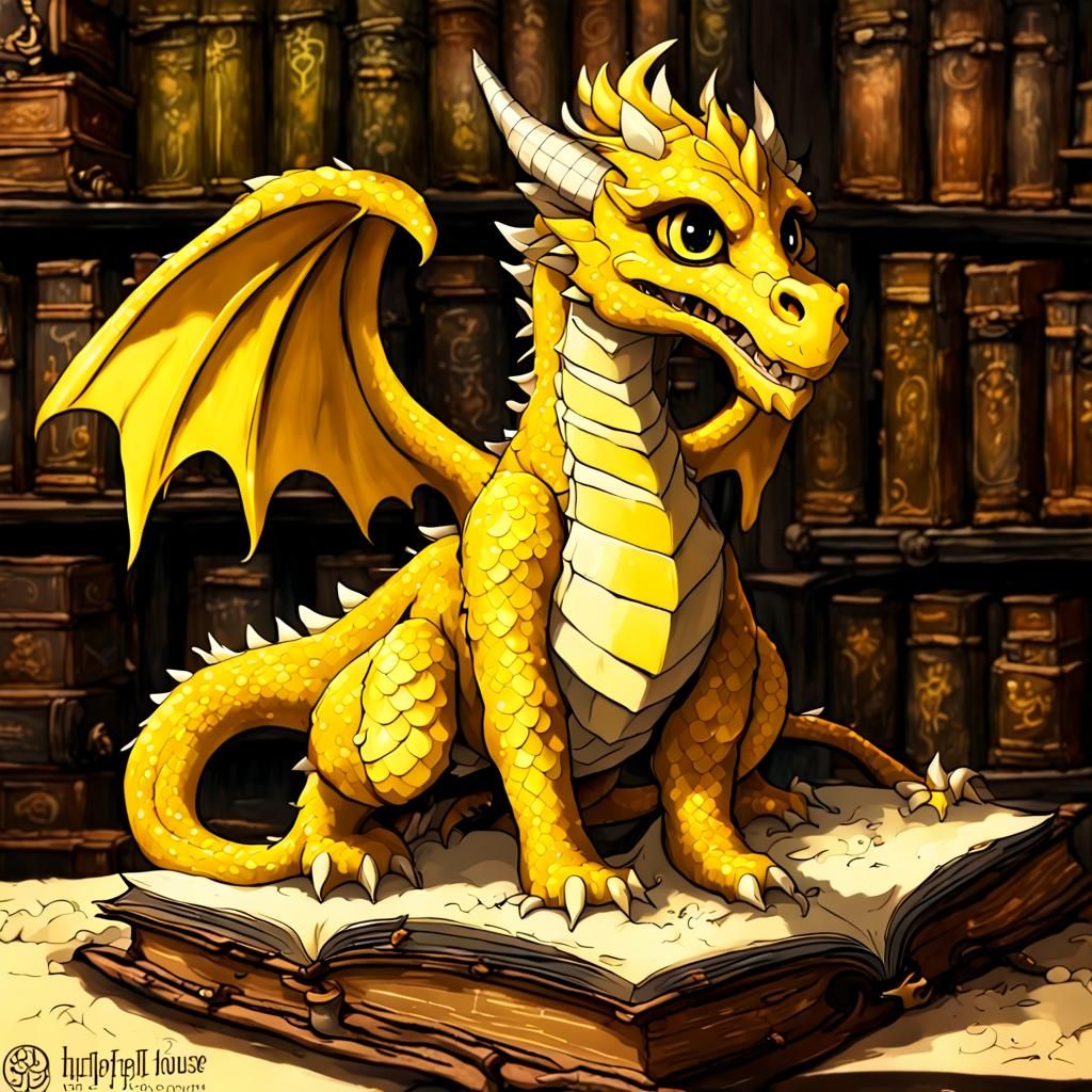 Hufflepuff Dragon Hoarding Books in Grand Library