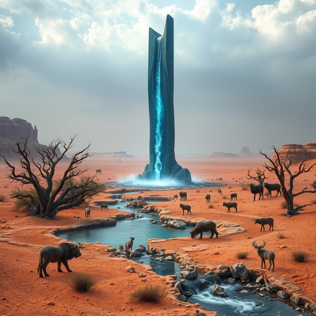 Futuristic Oasis Monolith in Desert Wasteland