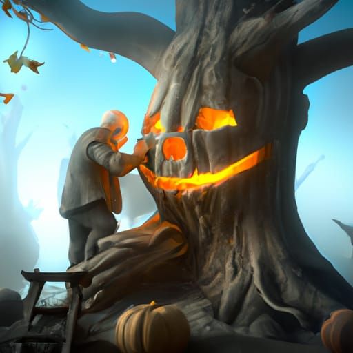 Old Man Carving Pumpkin in Tree, Splash Art