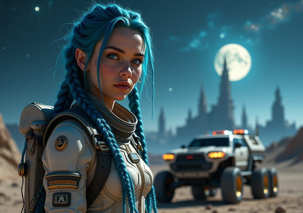 Confident Engineer on Alien Planet with Cityscape