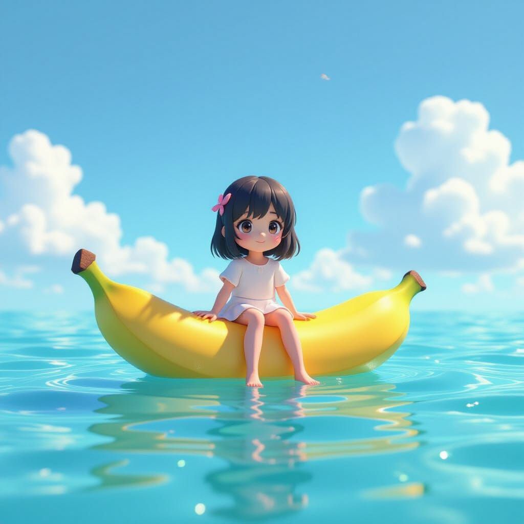 Girl Rides Smiling Banana On Azure Ocean