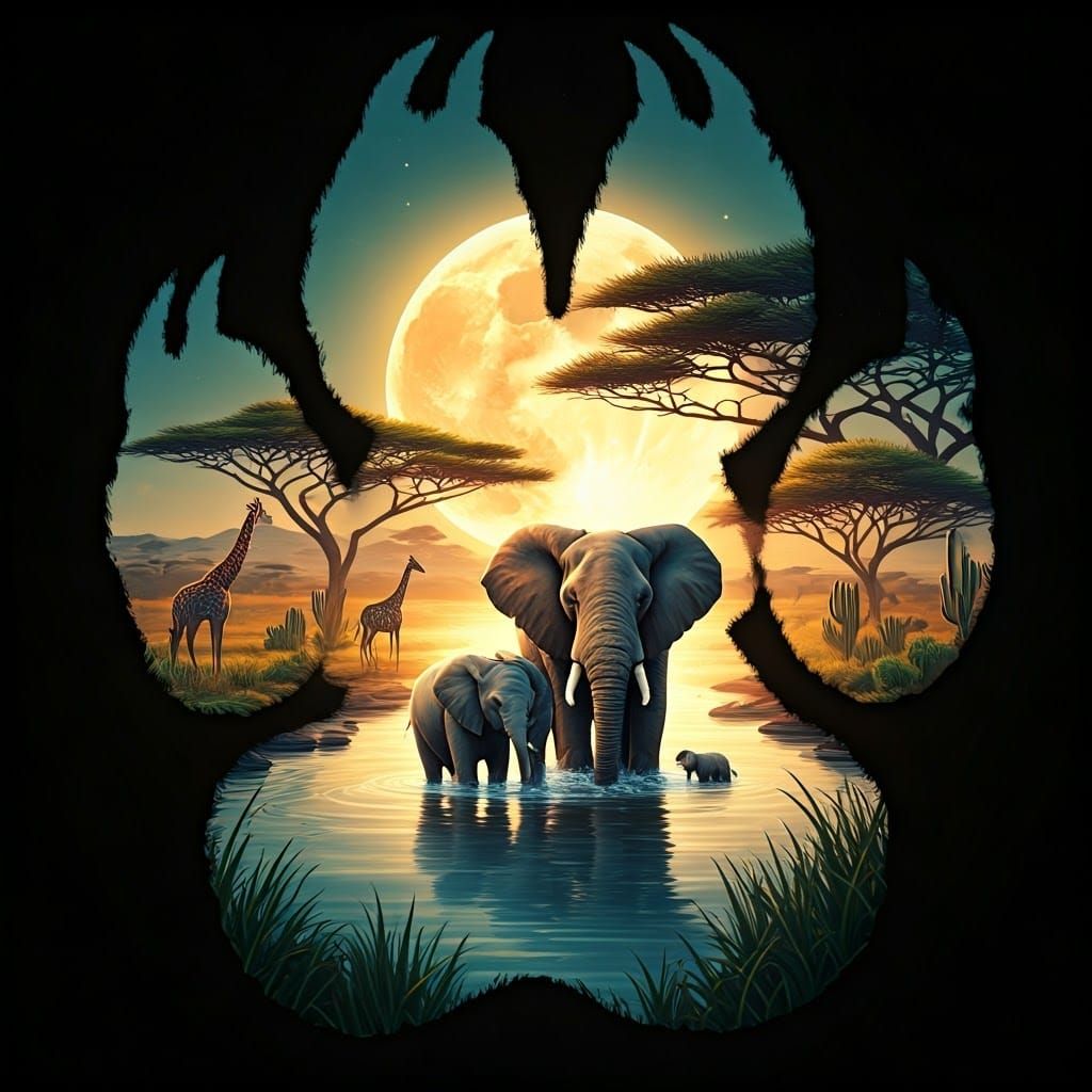 a surreal double exposure image of a lion's paw print silhou...