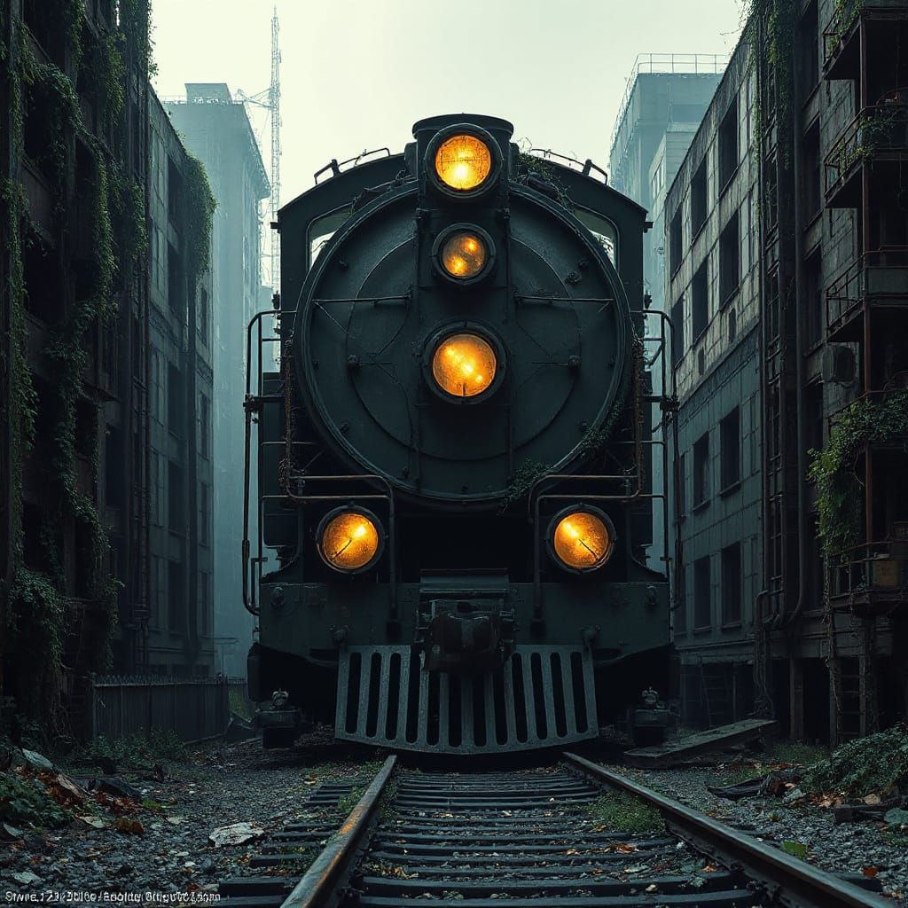 Colossal Biomechanical Steam Train in Overgrown City