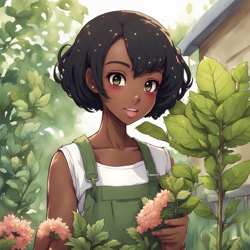 Anime Style African American Girl Gardening