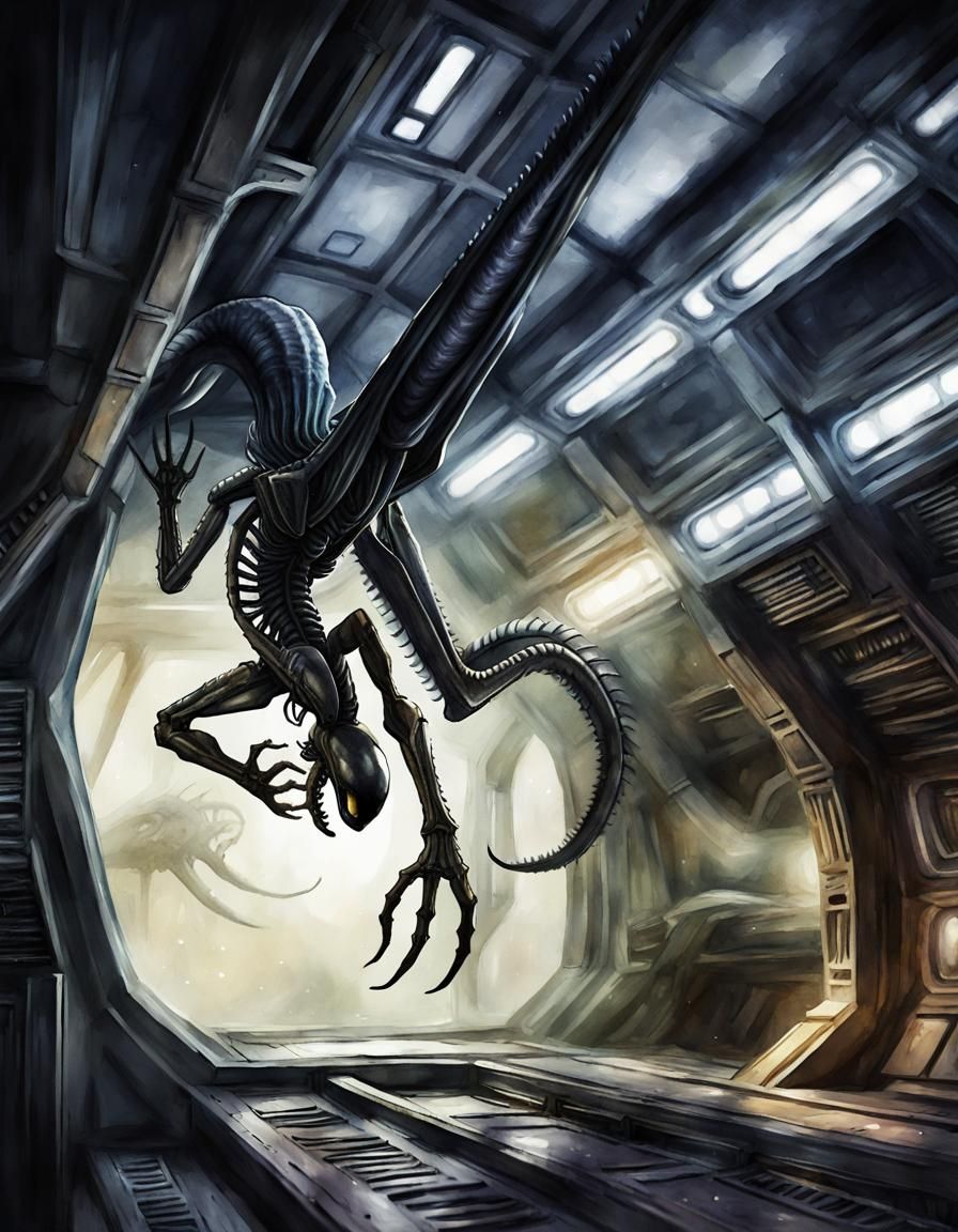 Xenomorph Inversion: A Digital Watercolor Fantasy
