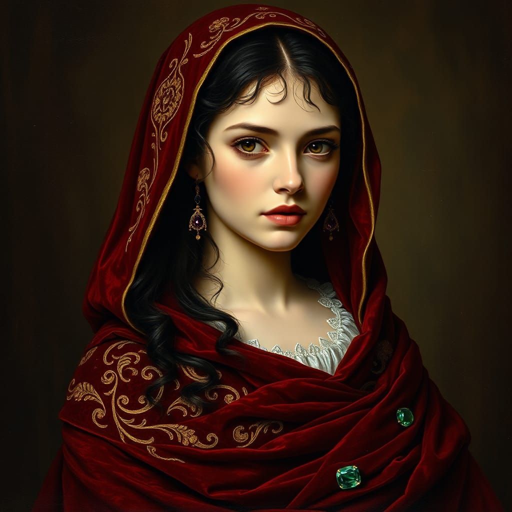 A woman with alabaster complexion and raven tresses, draped in a rich, burgundy velvet cloak with intricate, gold-thread...
