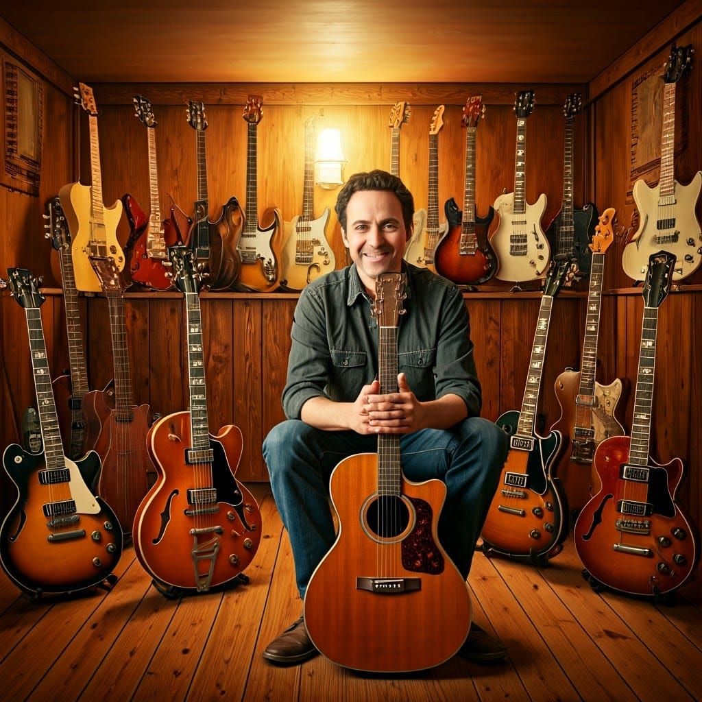 Man Surrounded by a Lifetime of Guitars in Cozy Music Room