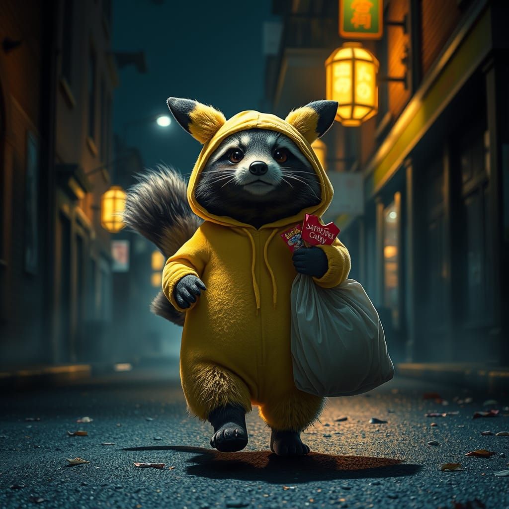 Raccoon in Pikachu Costume on Dark Street