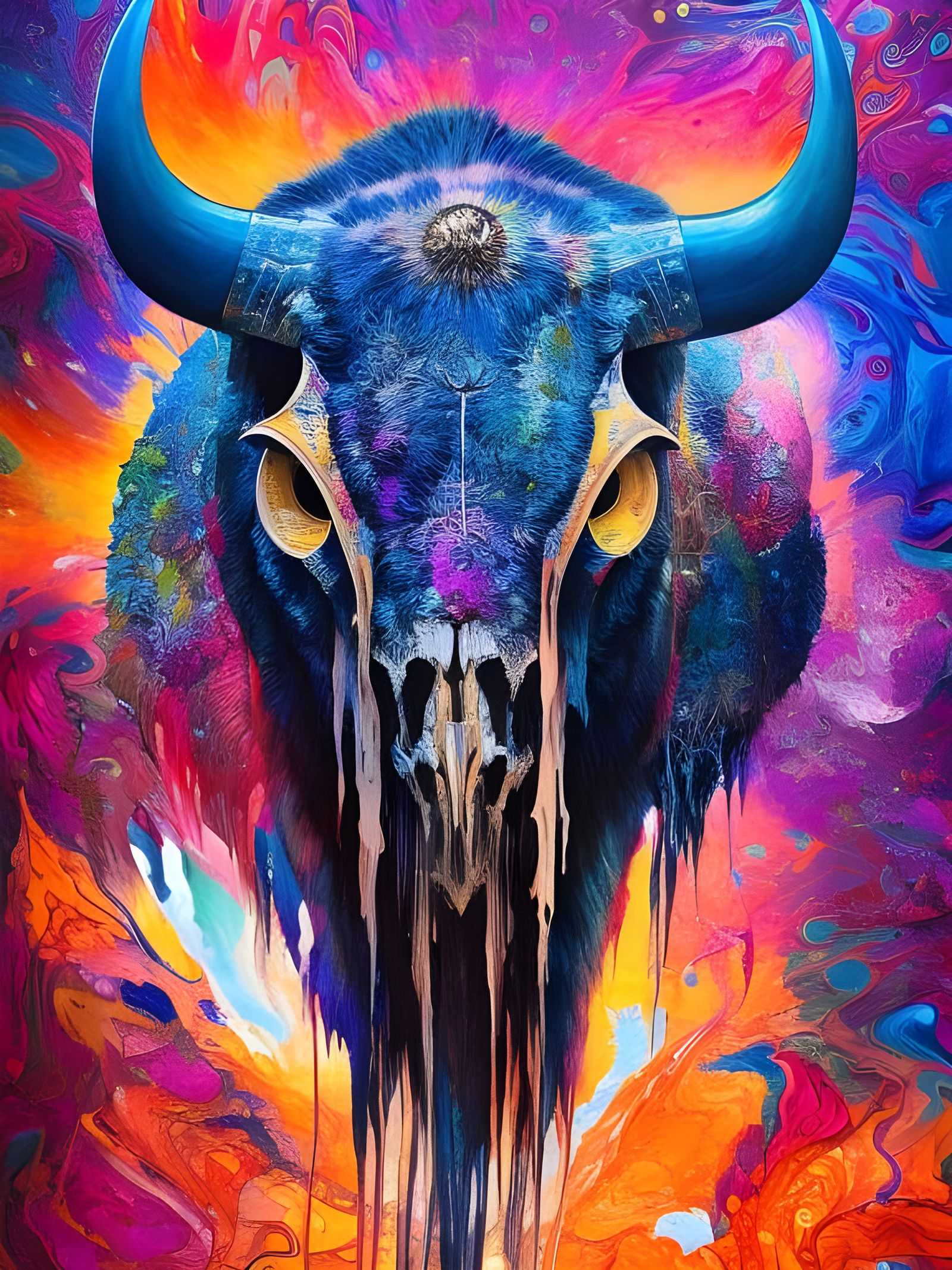 Cyberpunk Buffalo Skull with Marbling and Oil Effects