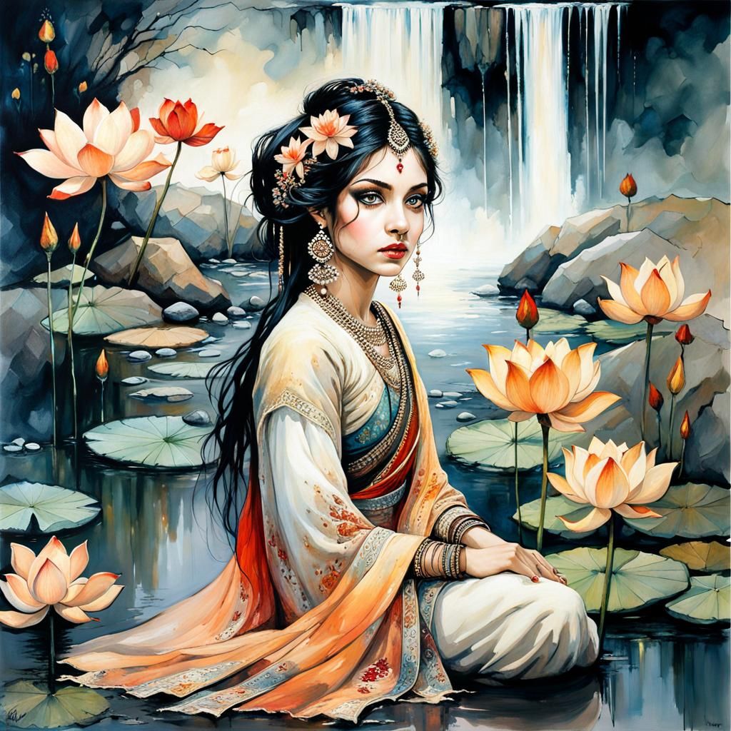 Indian Goddess in Vibrant Lotus Pond Scene