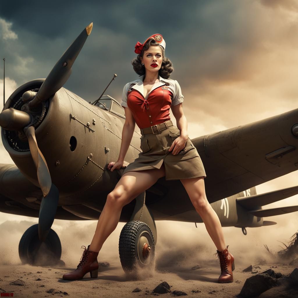 WWII Pin-Up Girl in Hyperrealistic Style
