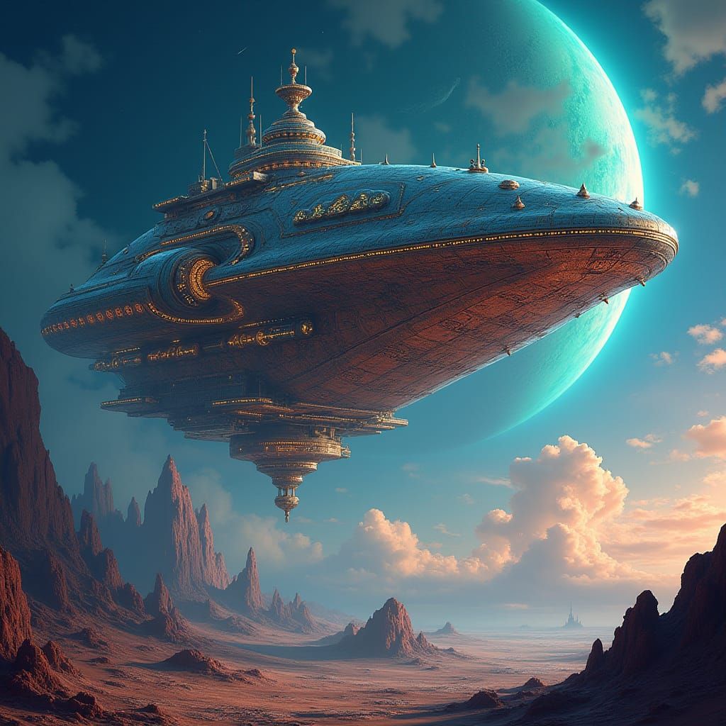 Mystical Spaceship Landing on Iridescent Planet