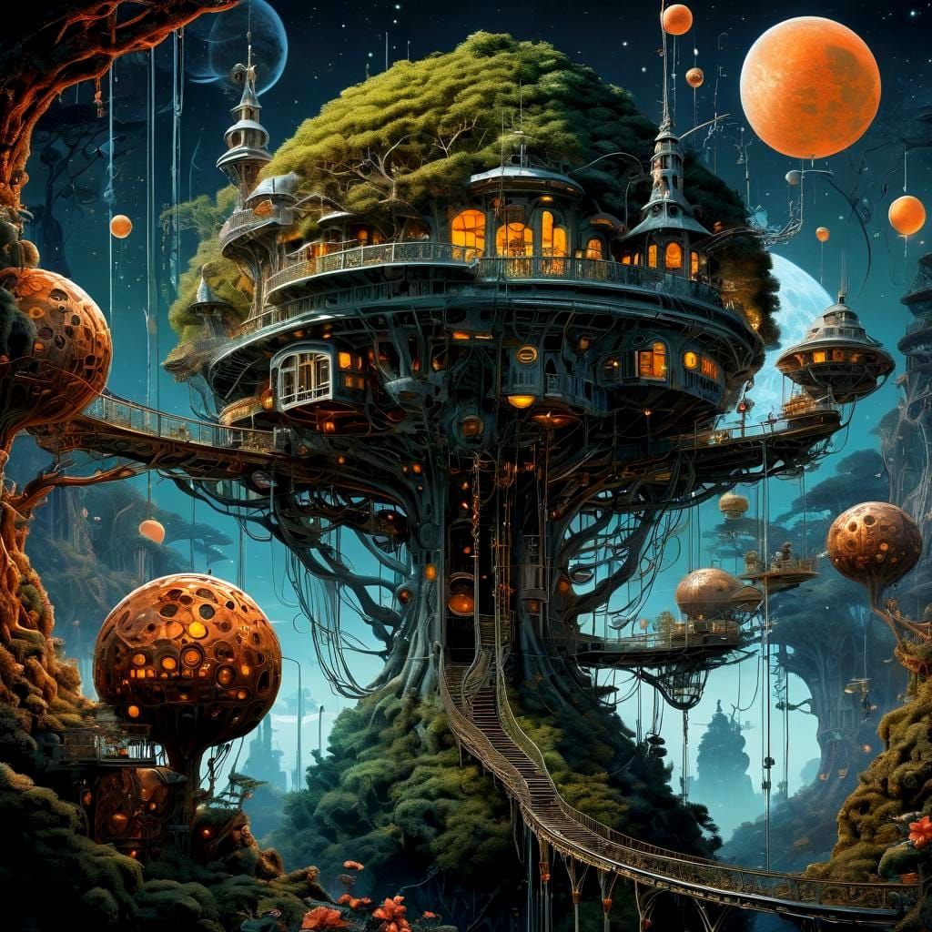 Retrofuturist Cyber-Treehouse on Alien Planet