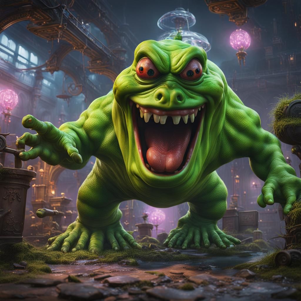 Slimer and Stay Puft Mashup: Detailed Matte Painting