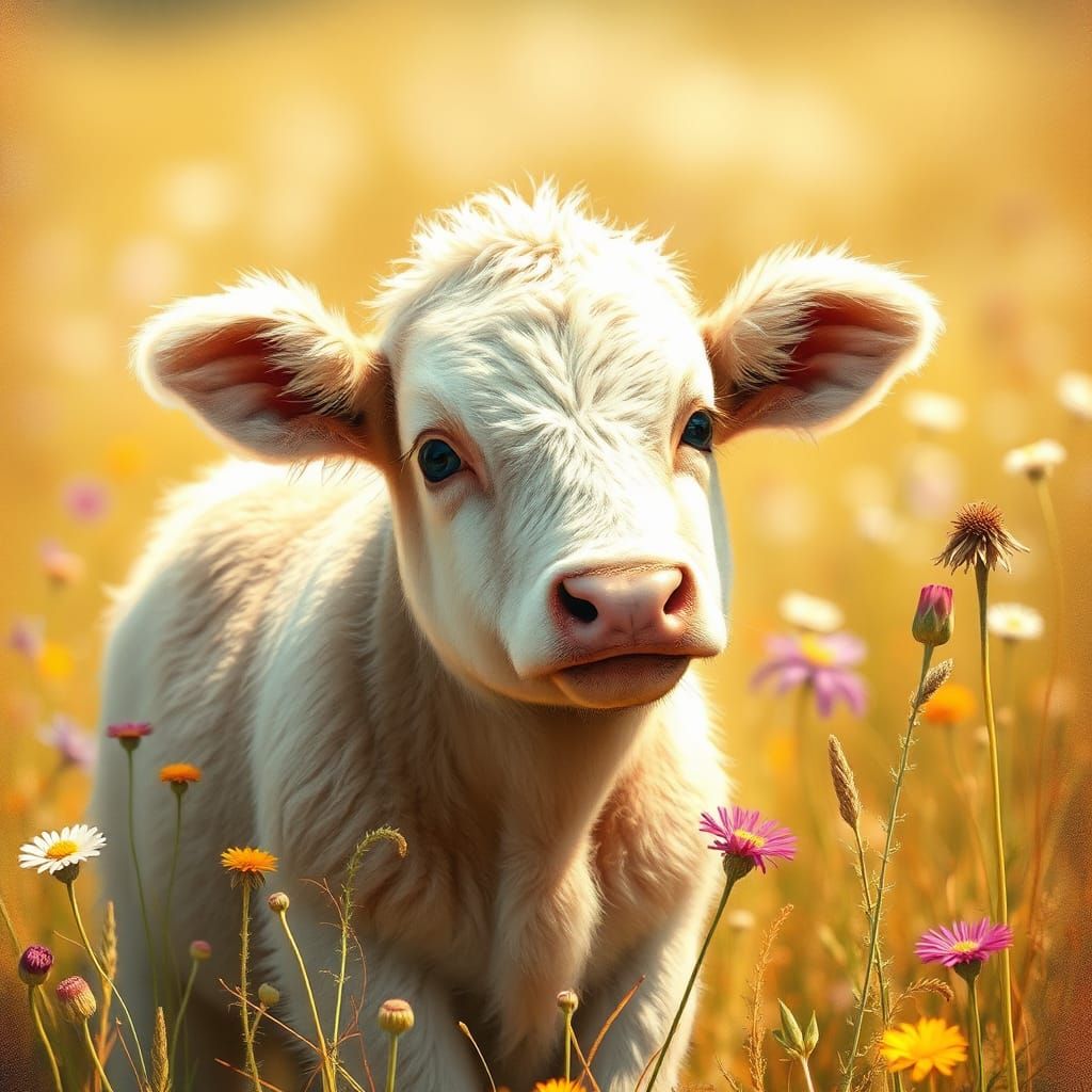 Fluffy Calf in Meadow, Whimsical Illustration