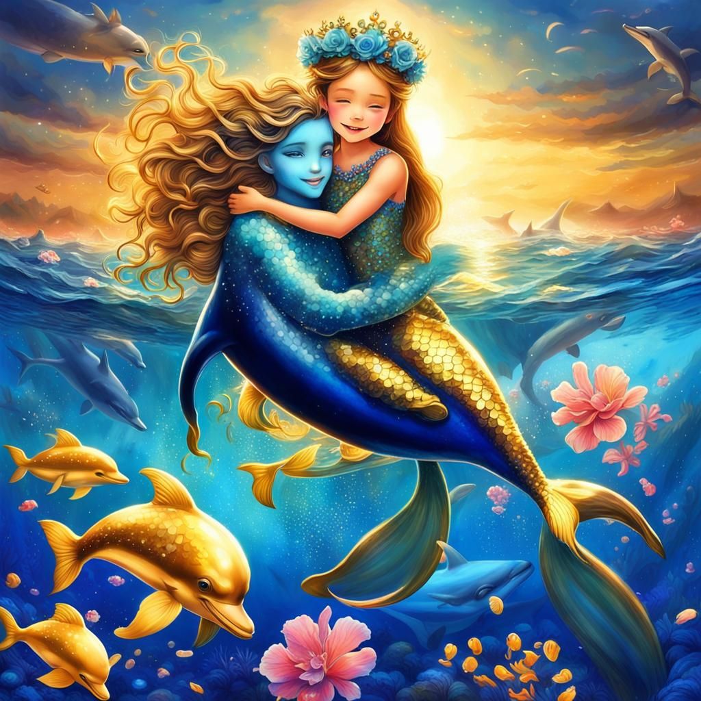 Enchanting Mermaid Playing with Dolphins in Deep Ocean