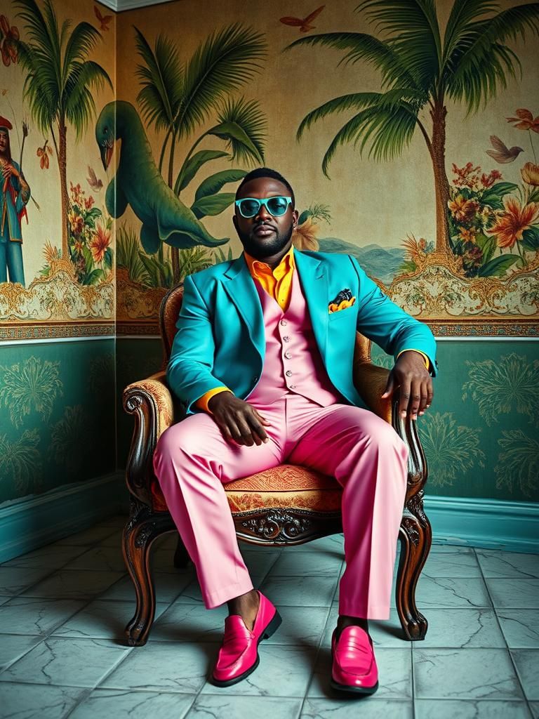 Stylish Man in Teal Suit with Tropical Mural