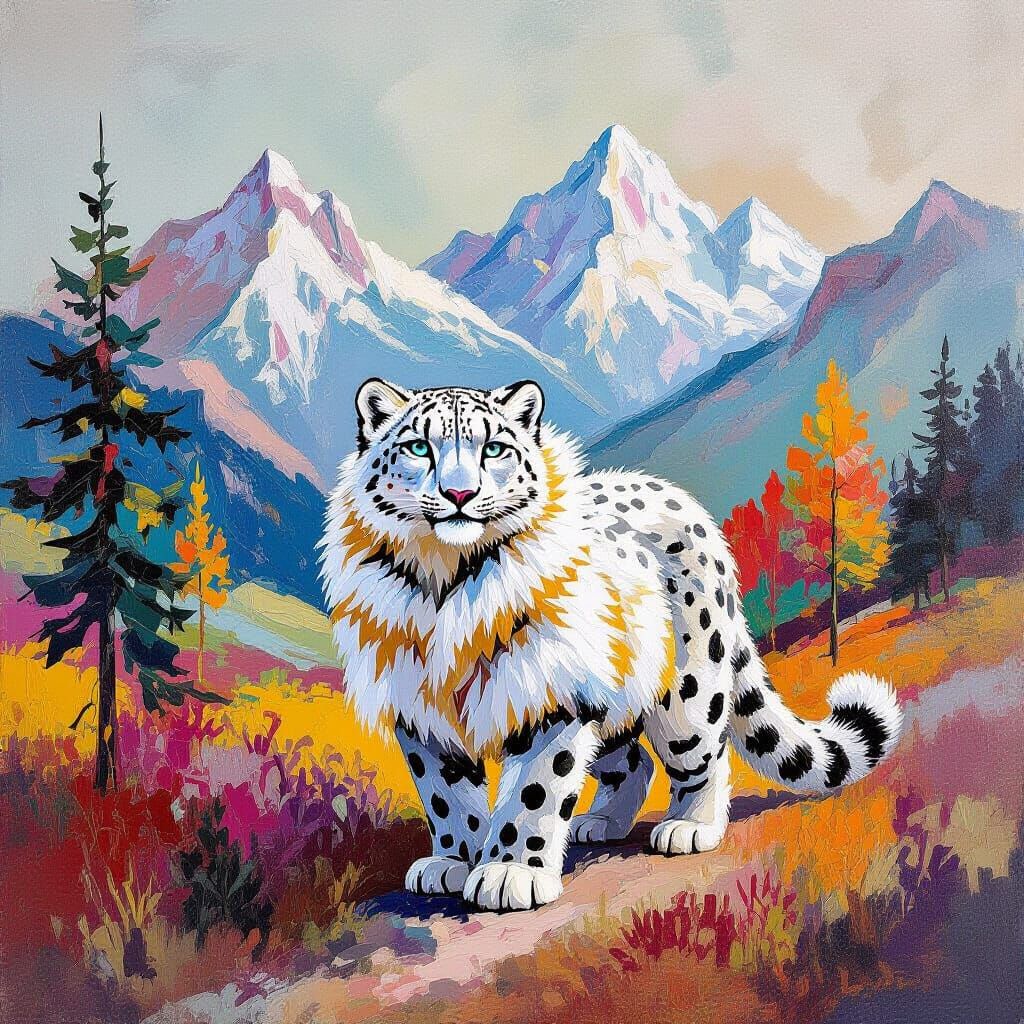 Snow Leopard in Surreal Abstract Expressionist Landscape