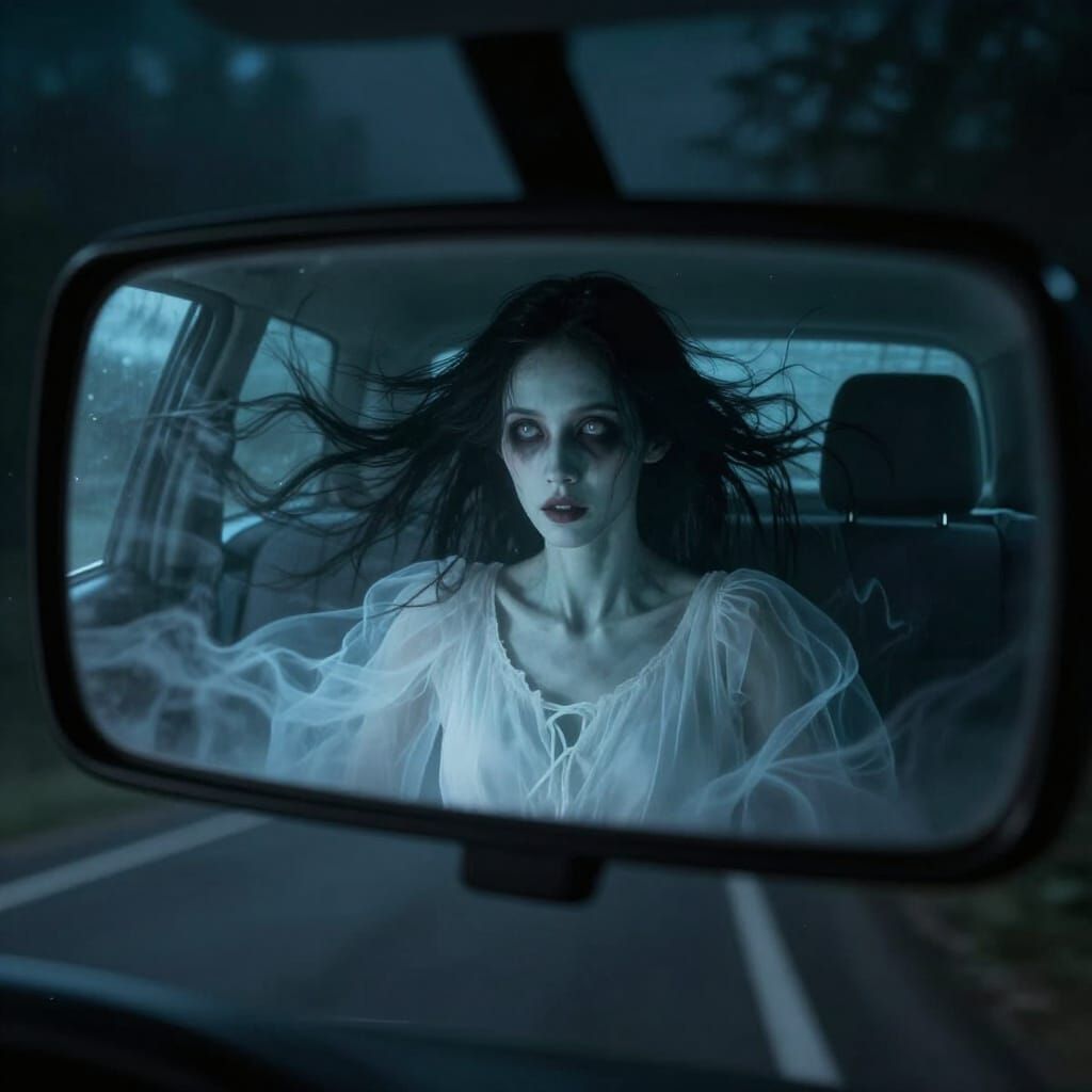 Ghostly Apparition in Car Rearview Mirror at Night