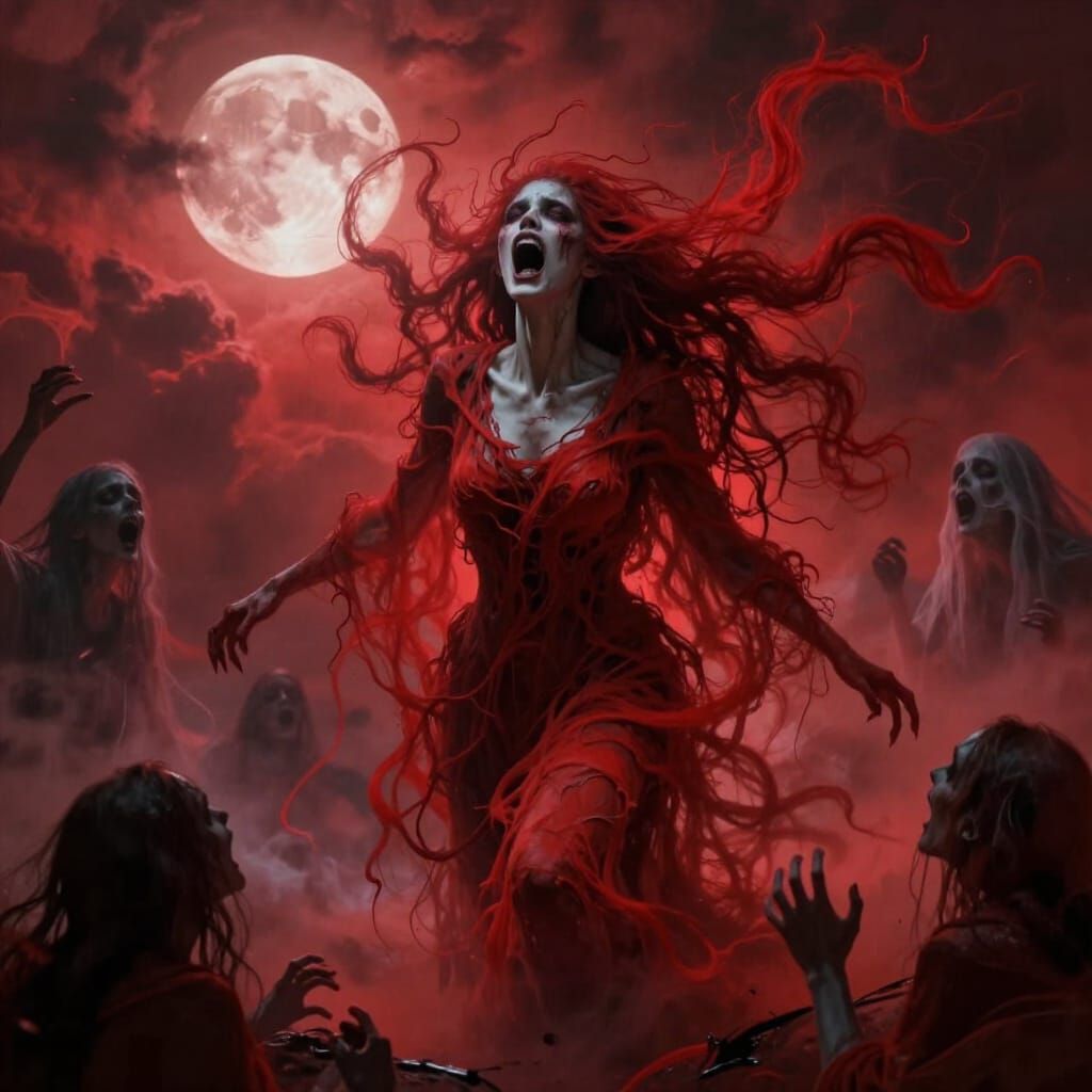 Ethereal Banshee Screams in Crimson Tempest Under Blood Moon
