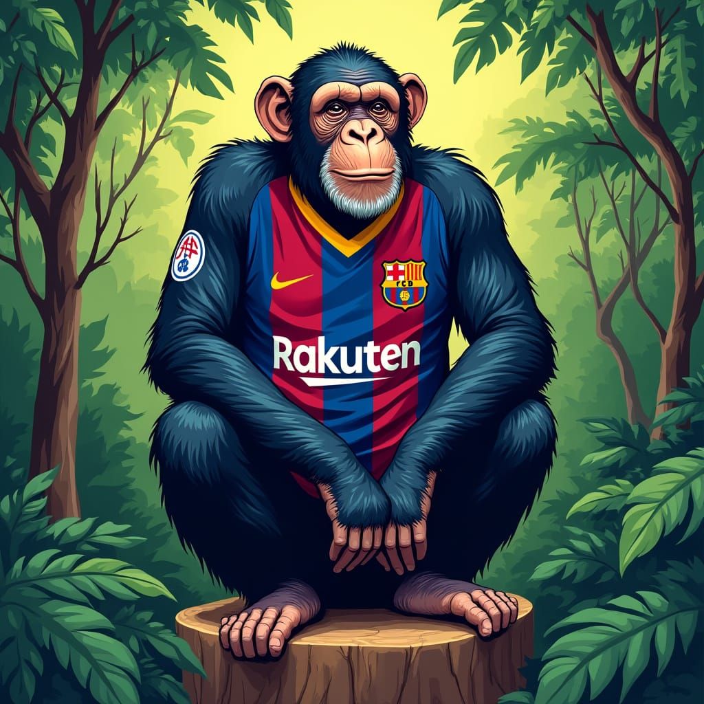 Chimpanzee in Barcelona Jersey, Murakami-esque Style
