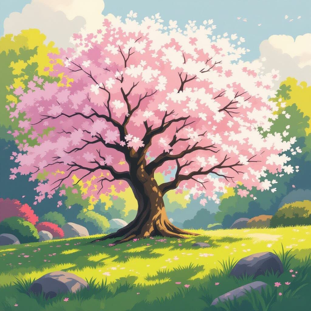 Majestic Sakura Tree in Animated Watercolor Style