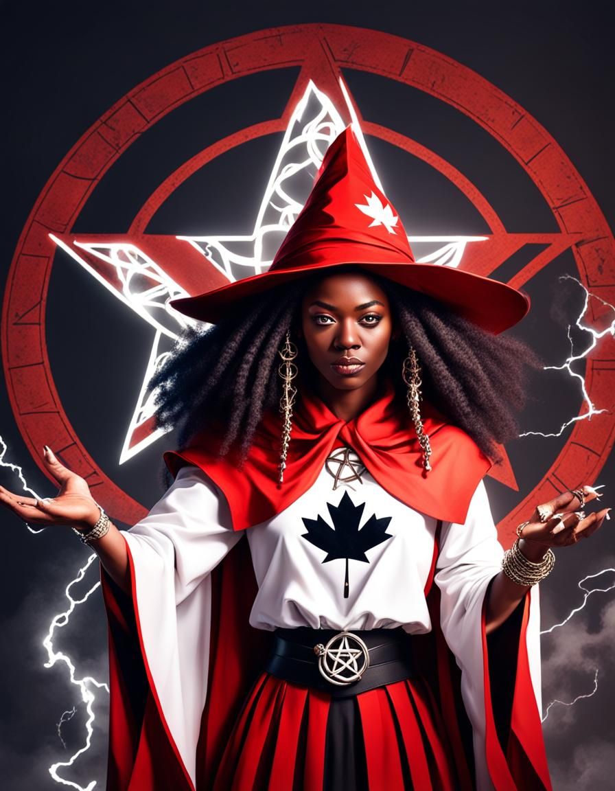 Powerful Sorceress Casting Spell with Maple Leaf Pentagram
