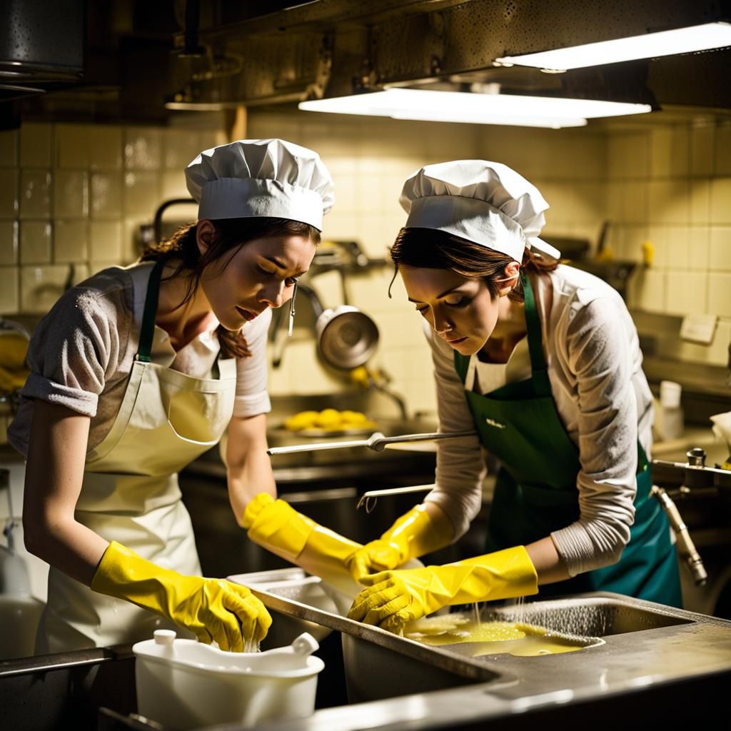 Exhausted Women Washing Dishes in Seedy Restaurant