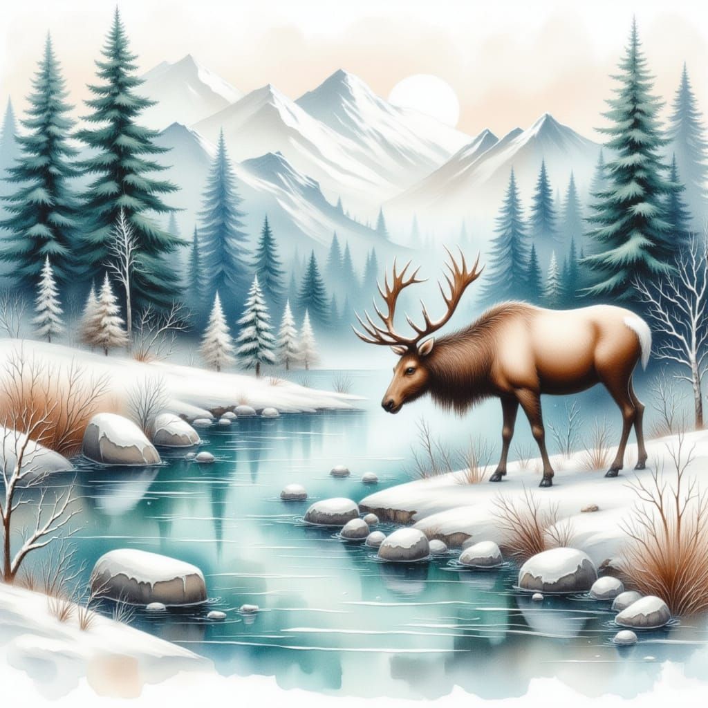 Majestic Elk Drinks From Turquoise River in Winter Woodland