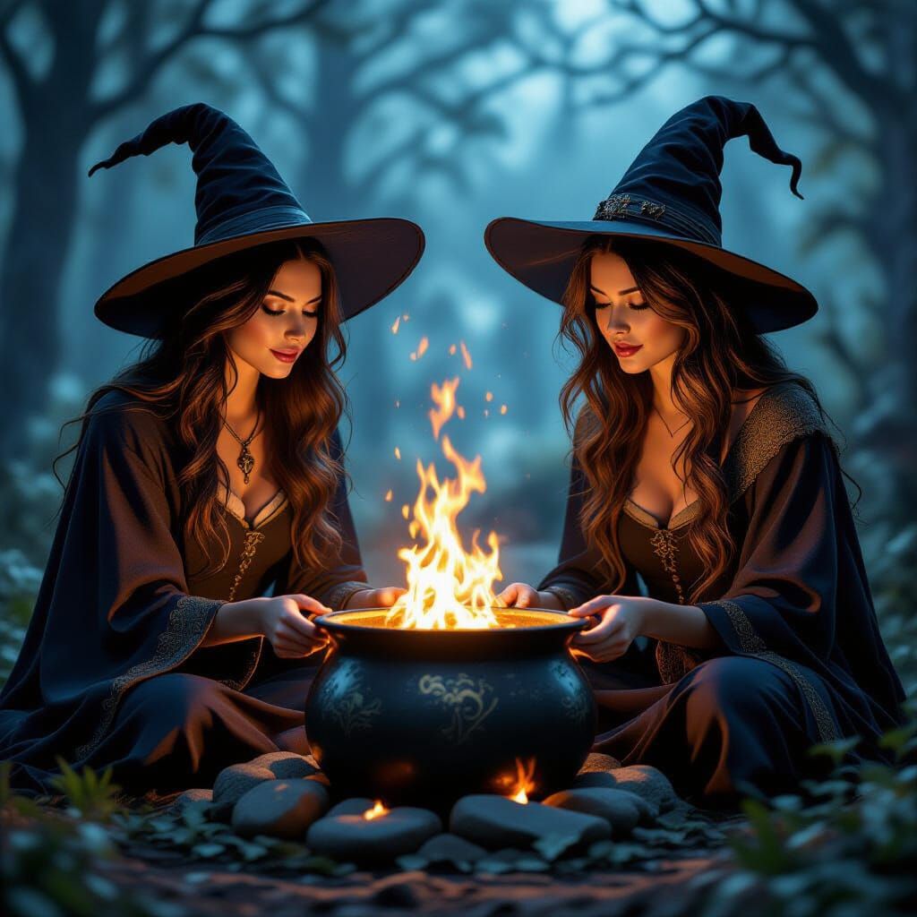 Witches Gathering Around a Magic Cauldron, Realistic Style